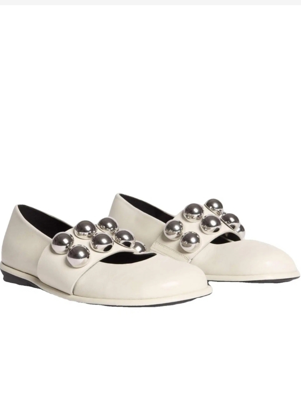 ME+EM Cream Leather Ballet Flats with Silver Dome Studs